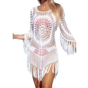Cupshe White Fringe Crochet Swim Cut-Out Cover-Up- Small